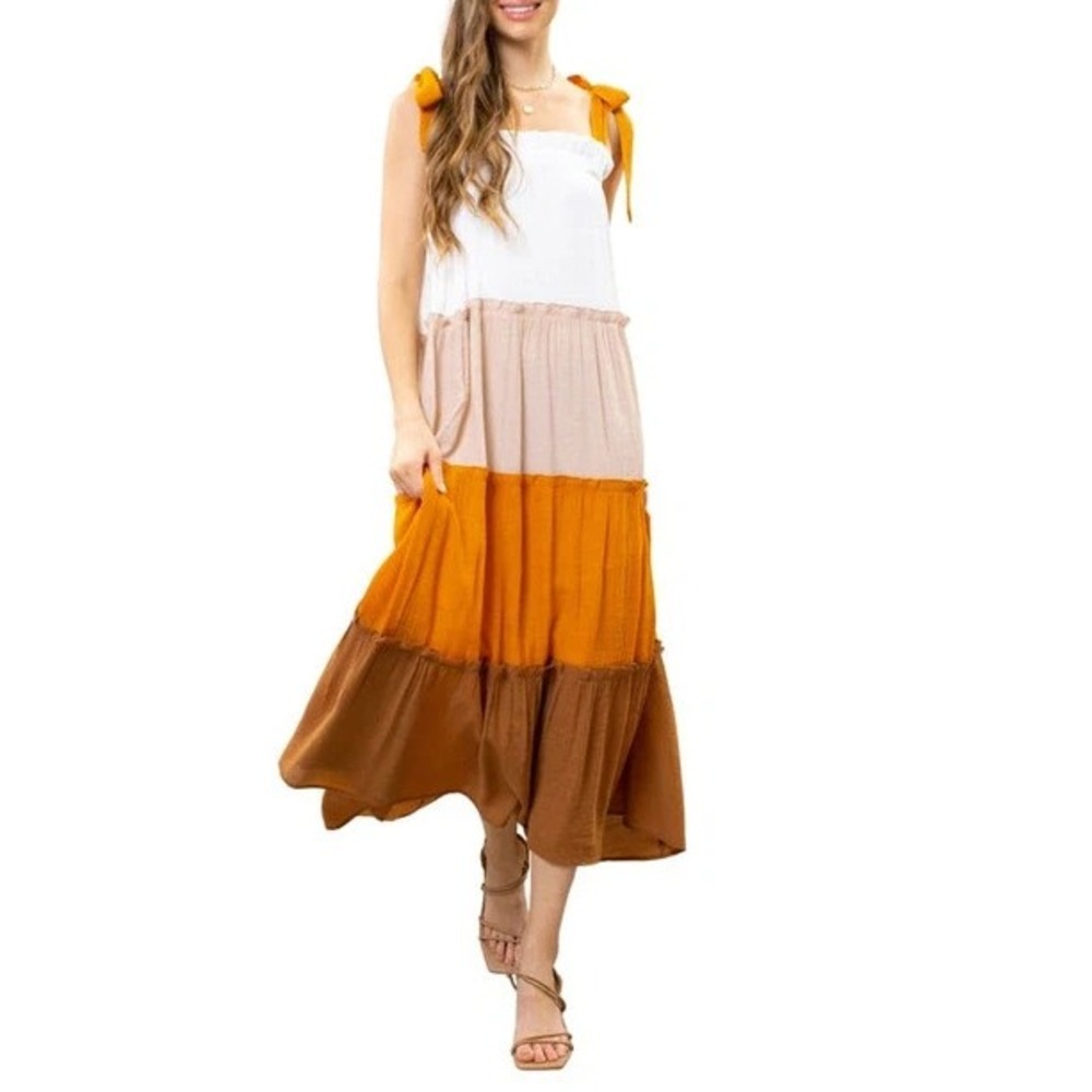 Blue Pepper Tie Strap Tiered Midi Sundress Size Small Multicolor Colorblock Boho